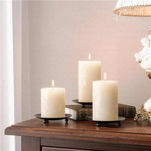 Set of 2 black metal pillar candle holders round candle plates for table decor - Picture 6 of 8